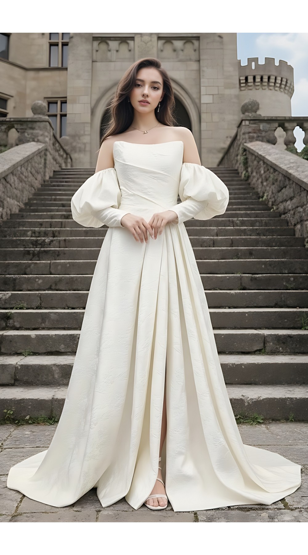 A-Line Embossed Satin Slit Skirt Wedding Dress with Detachable Balloon Long Sleeves- OU-A1005