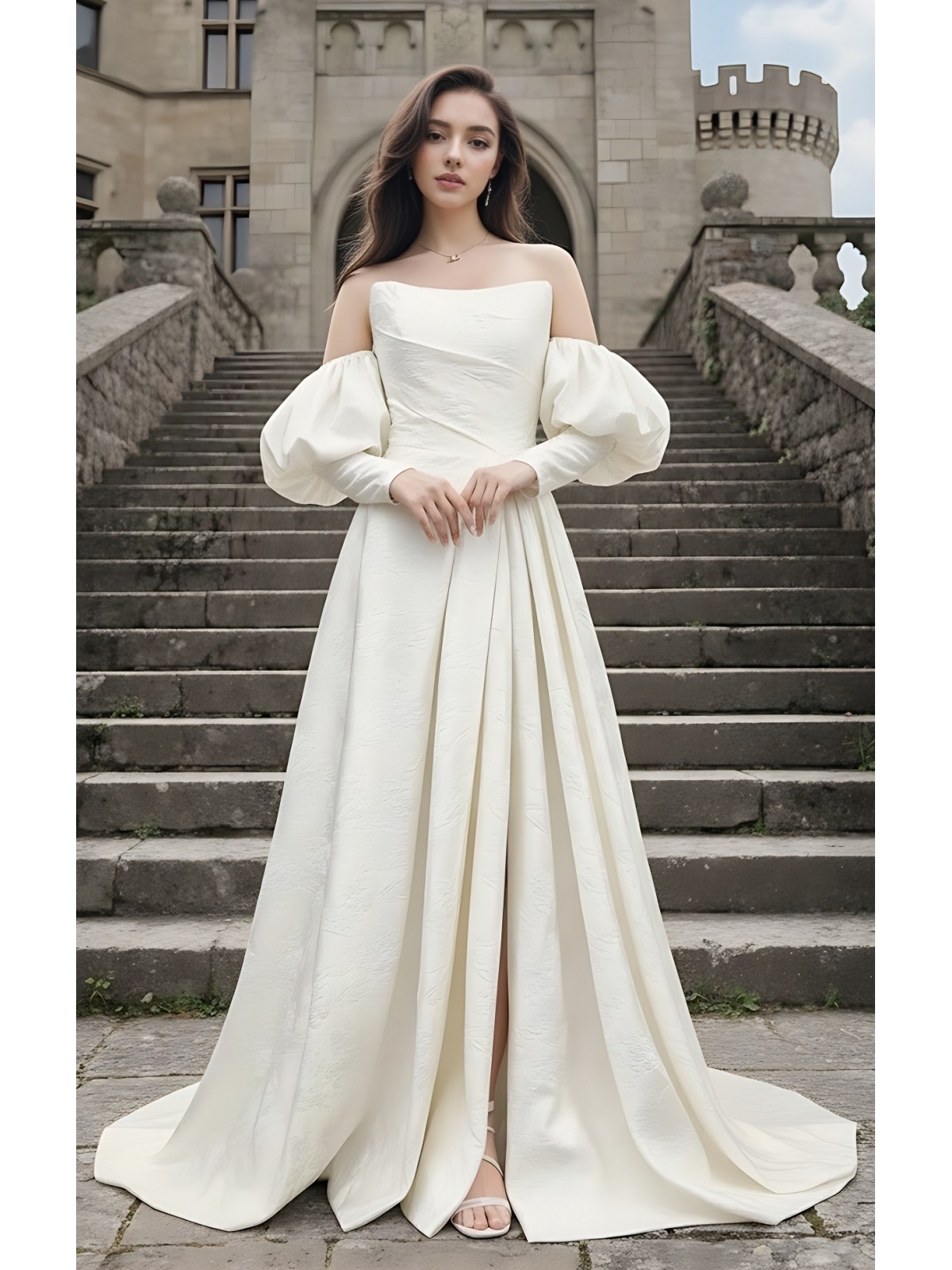50% off Sample sale: A-Line Embossed Satin Slit Skirt Wedding Dress with Detachable Balloon Long Sleeves- OU-A1005