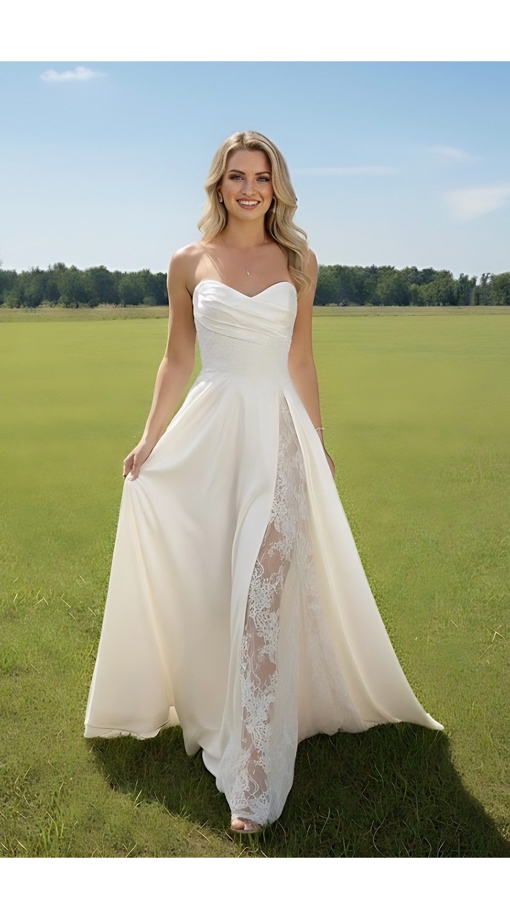 A-Line Soft Satin Pleated Sweetheart Slit Skirt Wedding Dress with Beaded Lace Appliques - OU-A1007