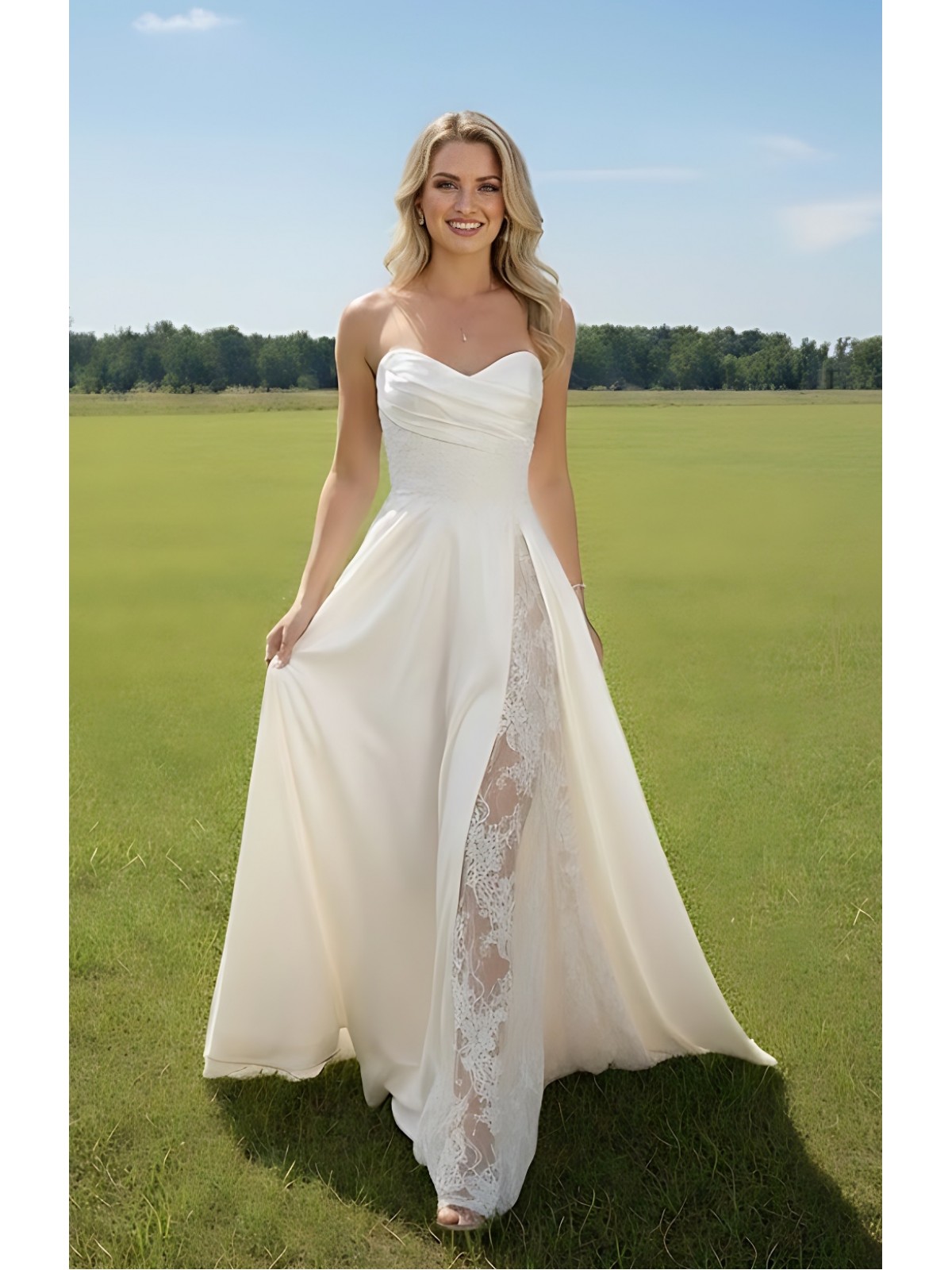 50% off Sample sale: A-Line Soft Satin Pleated Sweetheart Slit Skirt Wedding Dress with Beaded Lace Appliques - OU-A1007