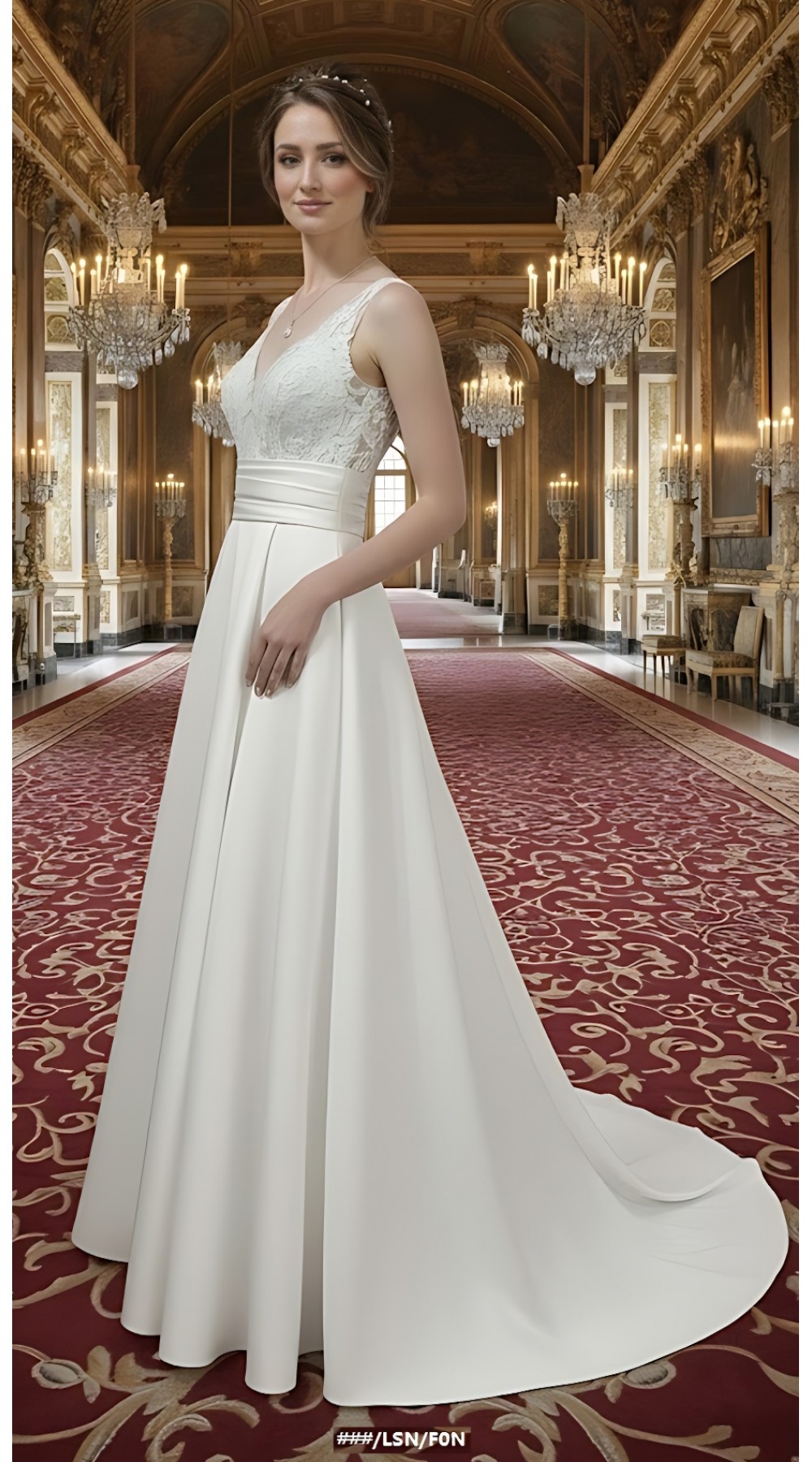 A-line - Satin Wedding Dress with Pleated Waist Line and Sheer Lacy Tank Top Bodice - OU-A3003