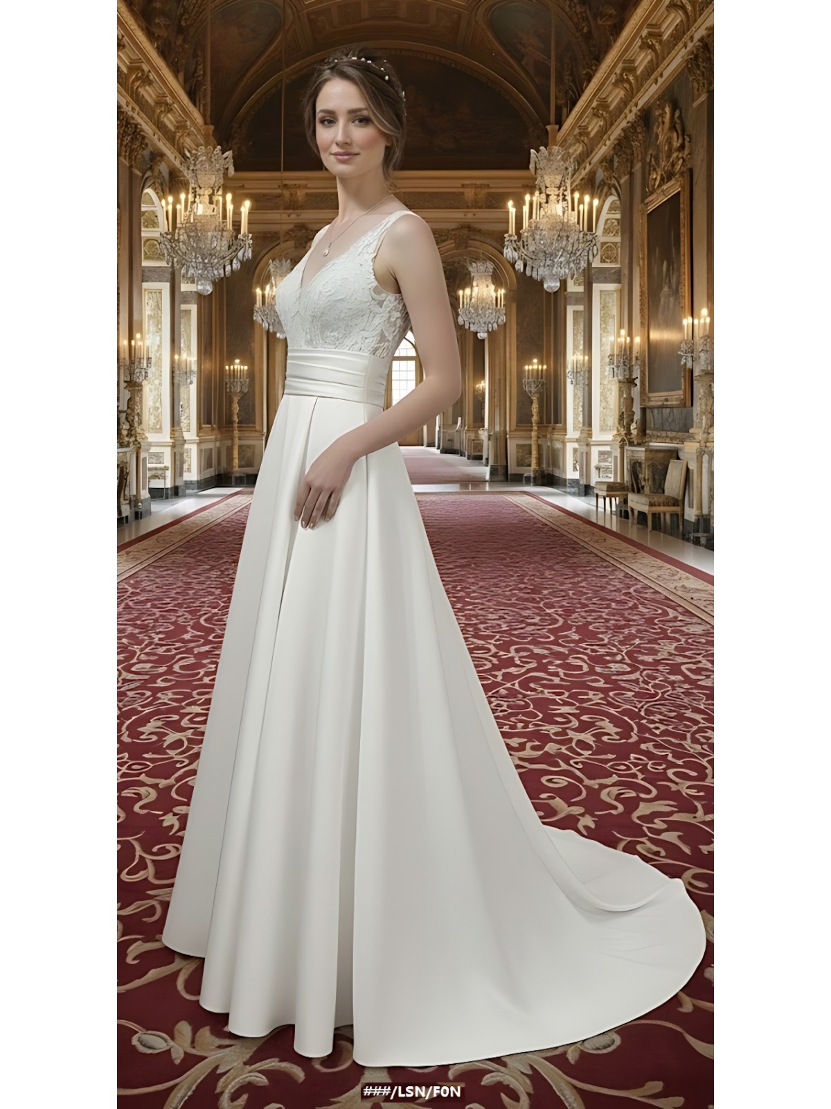 50% off Sample sale: A-line - Satin Wedding Dress with Pleated Waist Line and Sheer Lacy Tank Top Bodice - OU-A3003-50