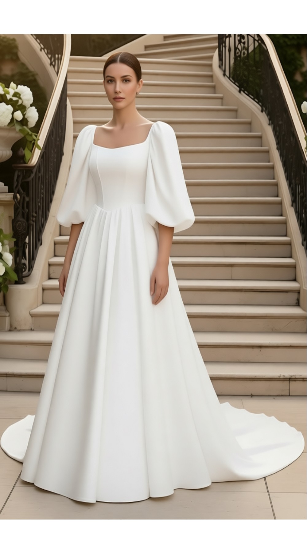 Regal Premium Crepe A-Line Wedding Dress with Basque waistline, Puff Sleeves, and Cathedral Train - OU-A6006