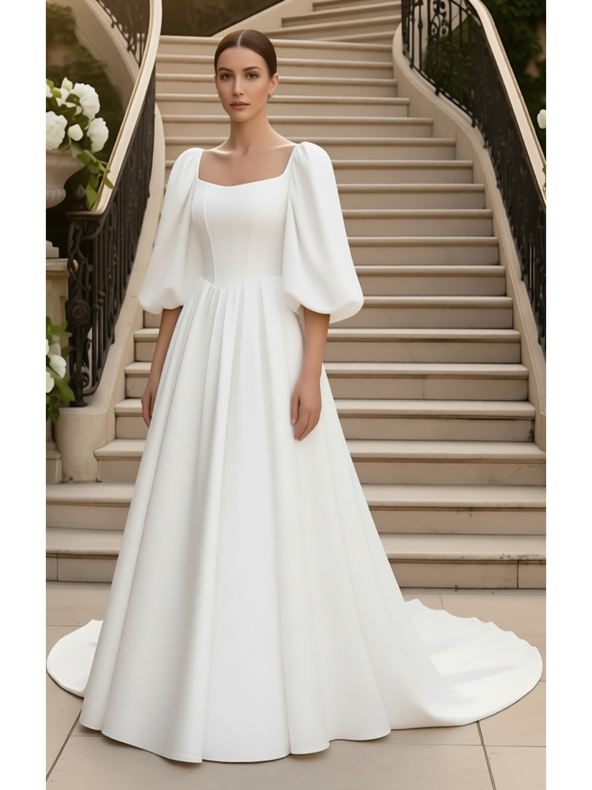 Regal Premium Crepe A-Line Wedding Dress with Basque waistline, Puff Sleeves, and Cathedral Train - OU-A6006