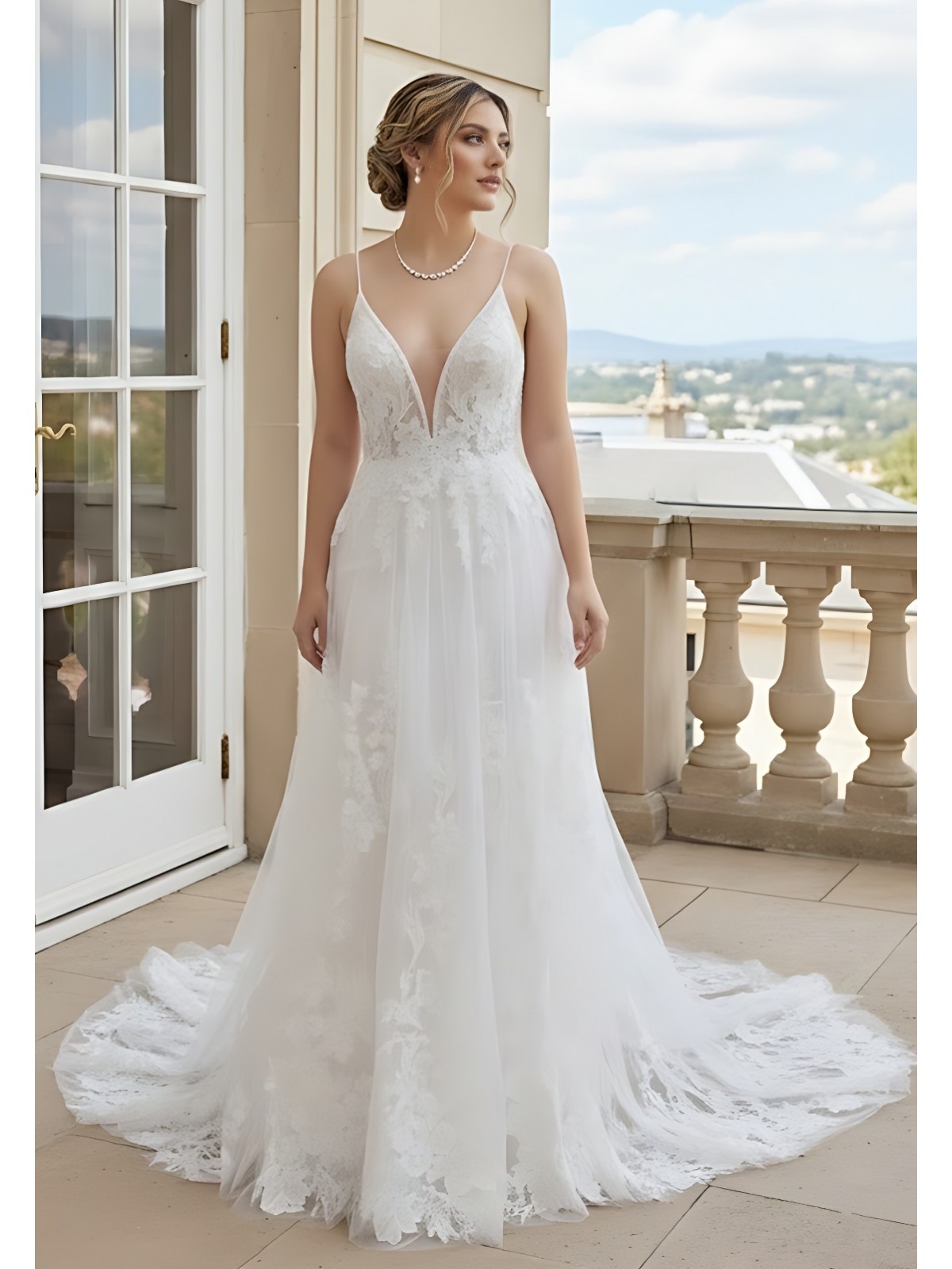 Fitted and Flare Plunge V-neck  Wedding Dress - OU-F1002