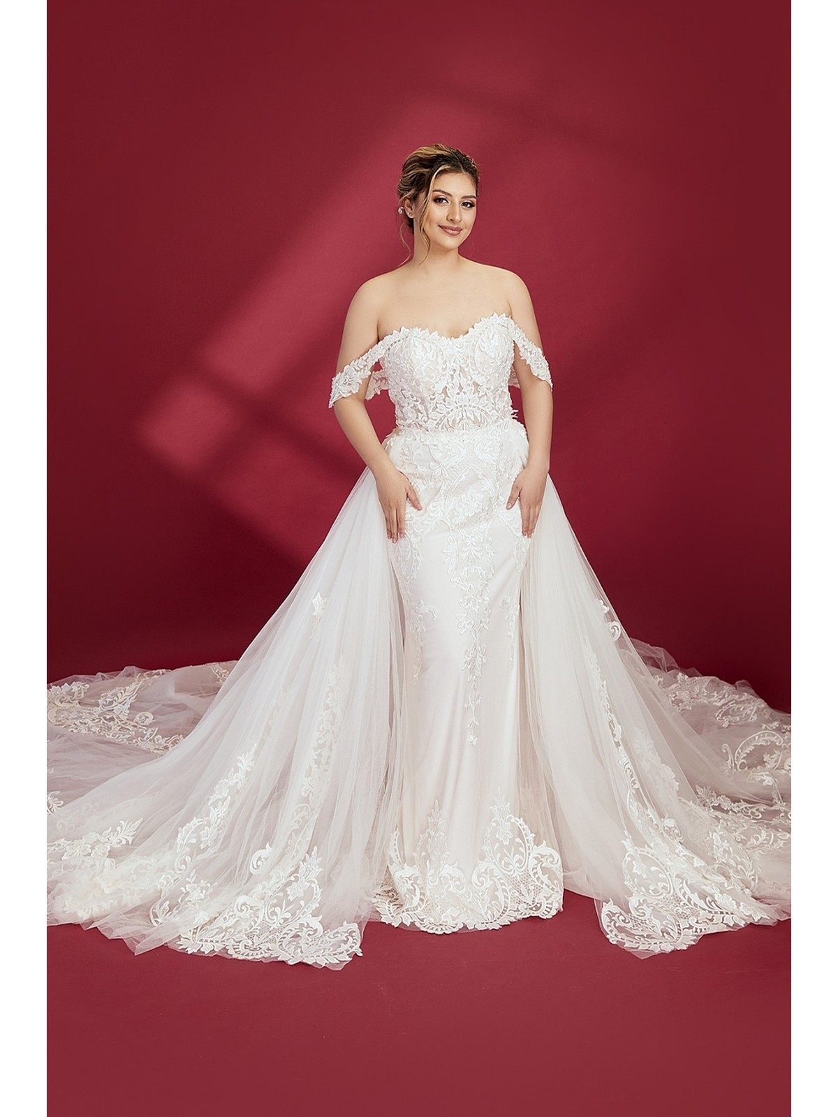 Fitted and Flare Sweet-heart with Over-Skirt Wedding Dress - Plus Size - OU-F1003OS-P