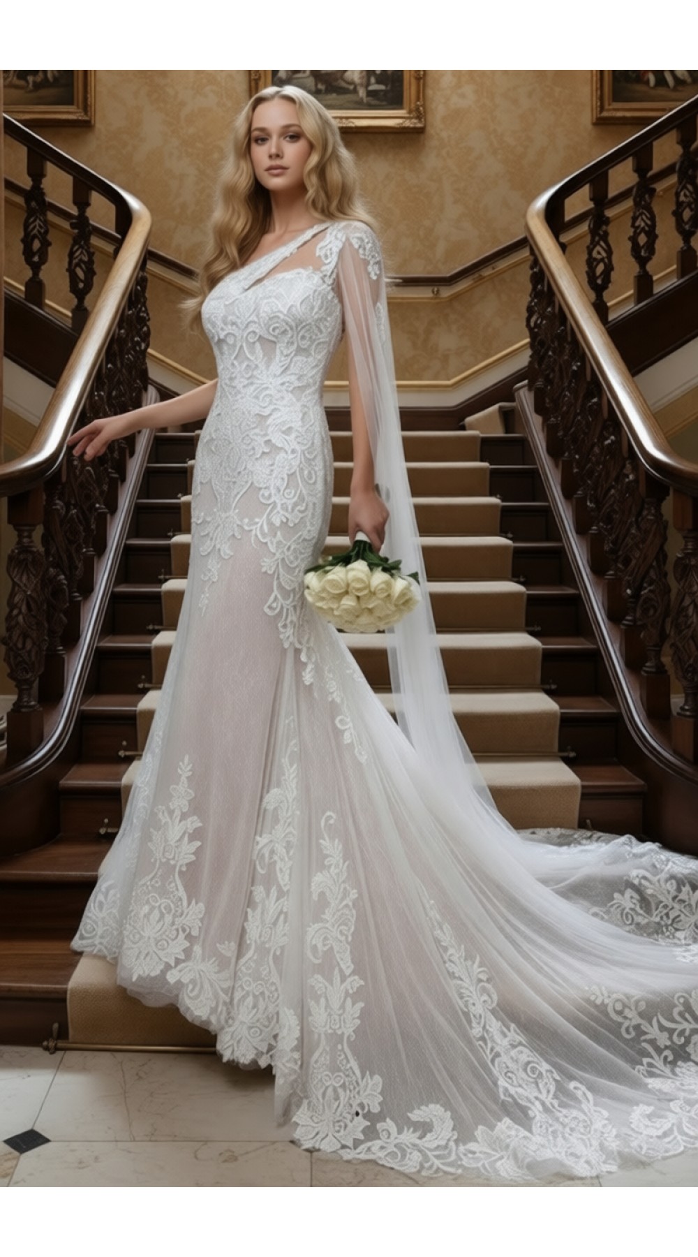 A luxurious one-shoulder mermaid wedding dress open back with a detachable shoulder cape - OU-F1007