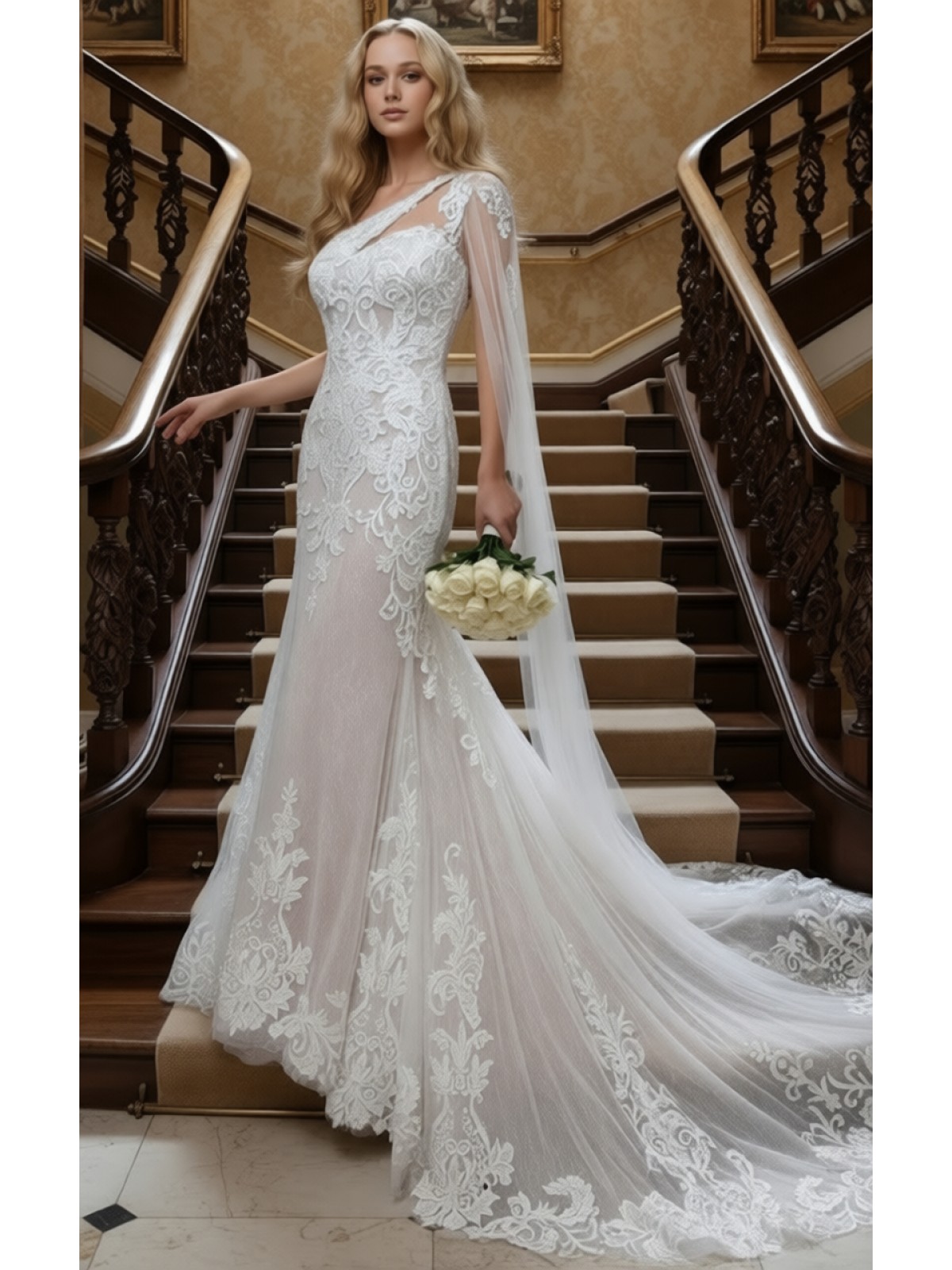 A luxurious one-shoulder mermaid wedding dress open back with a detachable shoulder cape - OU-F1007