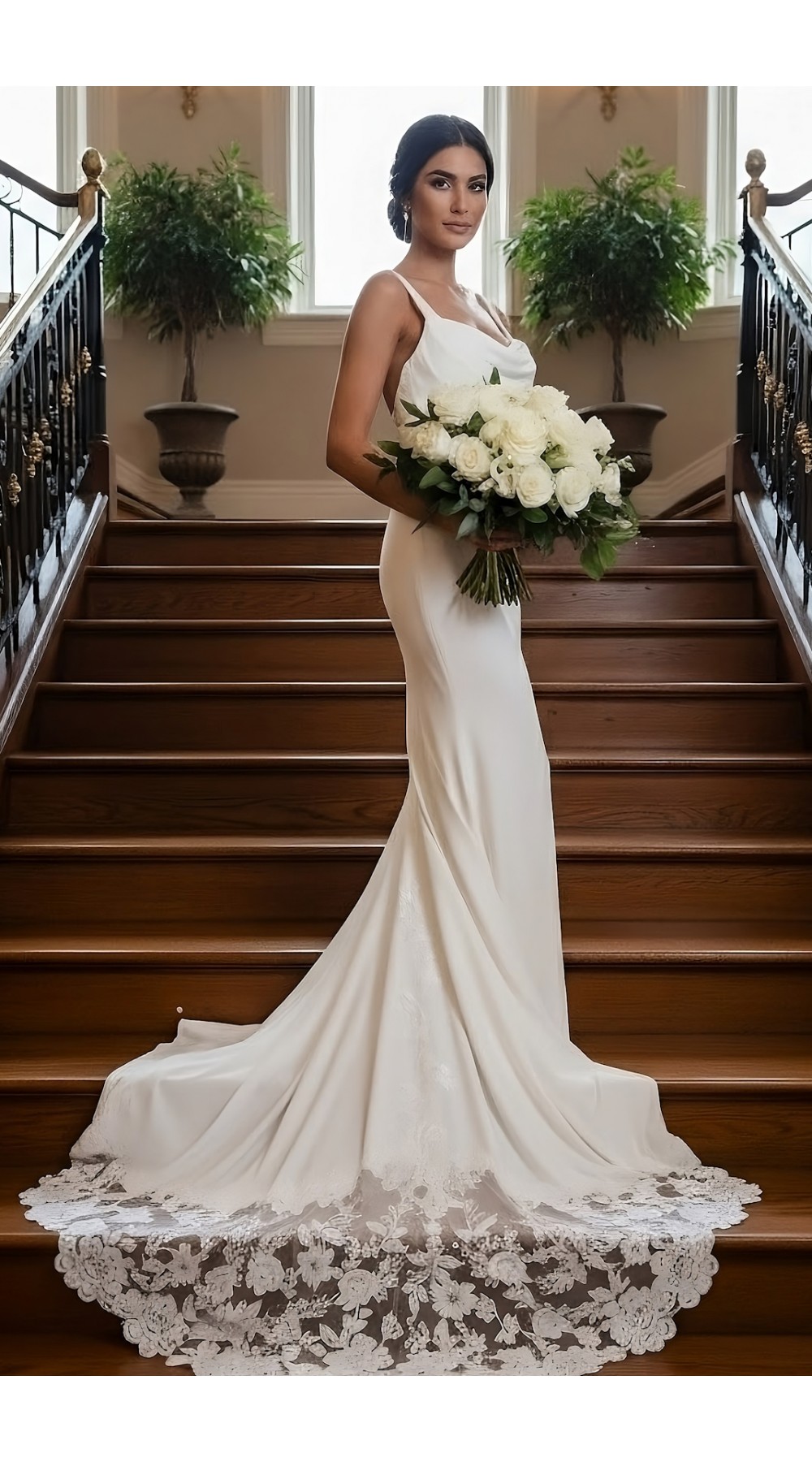 Wedding Dress - Crepe  Fitted and Flare Cowl Neckline with Rosy Cut-Out Train - OU-F2011