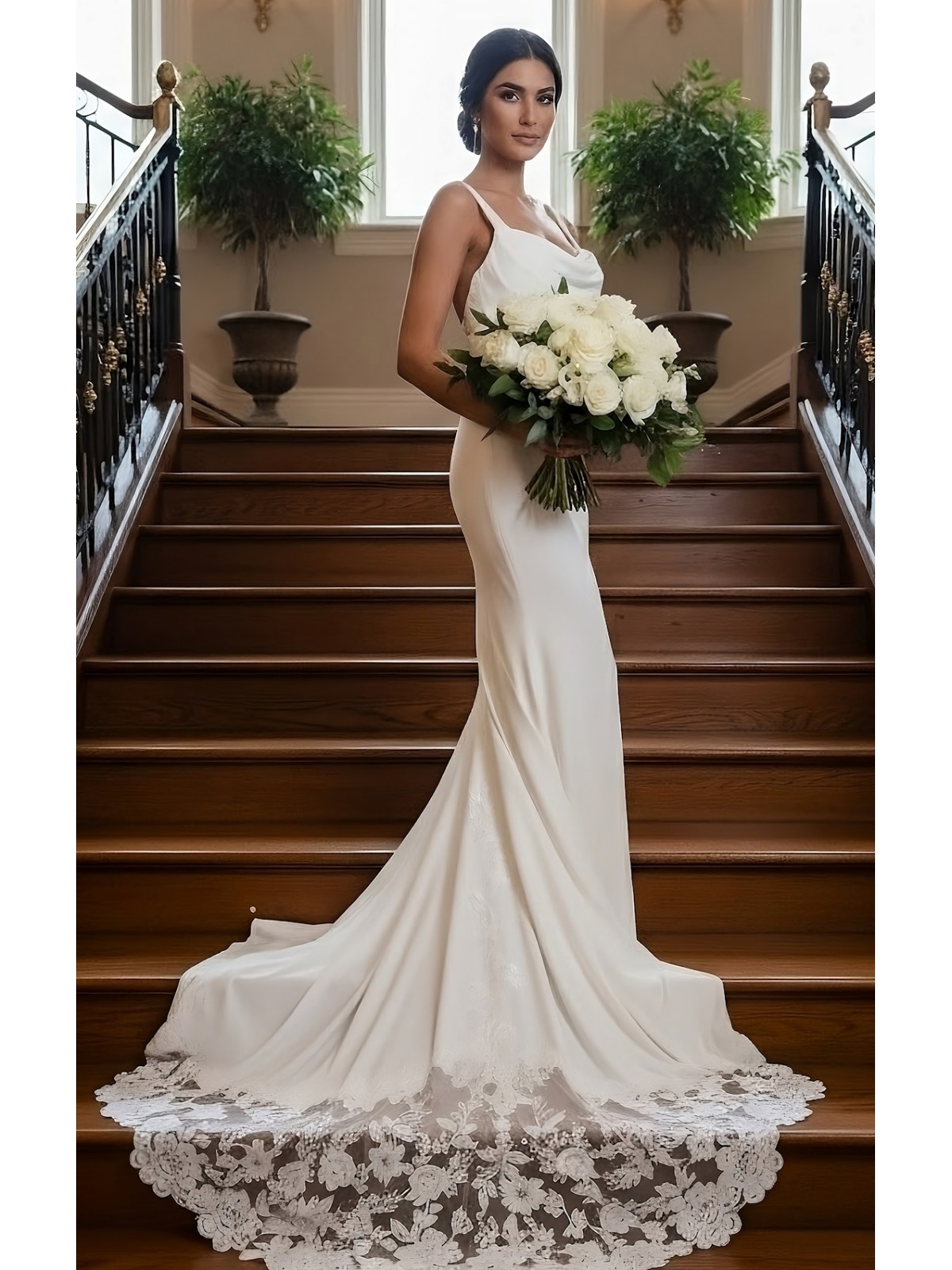 Wedding Dress - Crepe  Fitted and Flare Cowl Neckline with Rosy Cut-Out Train - OU-F2011