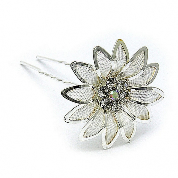 Hair Stick - 12 pcs Silver Mesh Flower w/ Rhinestones - CS-MCS0026