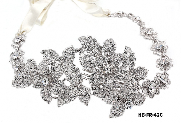 Head Band &ndash; Bridal Headpiece w/ Austrian Crystal Stones Flower - HB-FR-42C