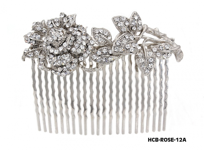 Wedding Hair Comb &ndash; Bridal Hair Combs & Clips w/ Austrian Crystal Stones Rose on Stem - HCB-ROSE-12A