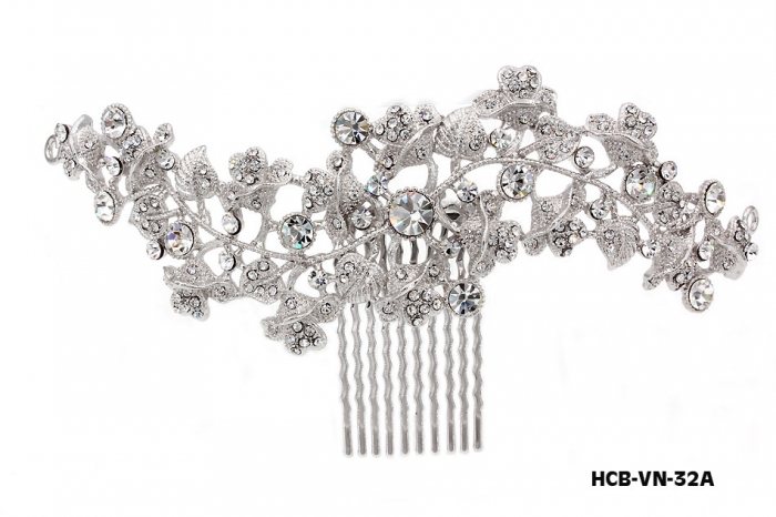 Wedding Hair Comb &ndash; Bridal Hair Combs & Clips w/ Austrian Crystal Stones Vine with Hearts - HCB-VN-32A