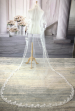 Long Veil - 2 layer with sequin & pearl embellished lace - 110" - VL-V1062-110IV