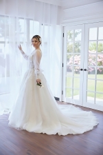 A-line Plunge V Sequined Floral Lace Tulle Wedding Dress with Detachable Bishop Long Sleeves - LV-A4001 
