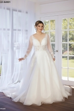 A-line Plunge V Sequined Floral Lace Tulle Wedding Dress with Detachable Bishop Long Sleeves - LV-A4001 