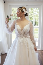 A-line Plunge V Sequined Floral Lace Tulle Wedding Dress with Detachable Bishop Long Sleeves - LV-A4001 