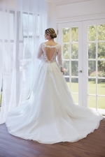A-line Plunge V Sequined Floral Lace Tulle Wedding Dress with Detachable Bishop Long Sleeves - LV-A4001 