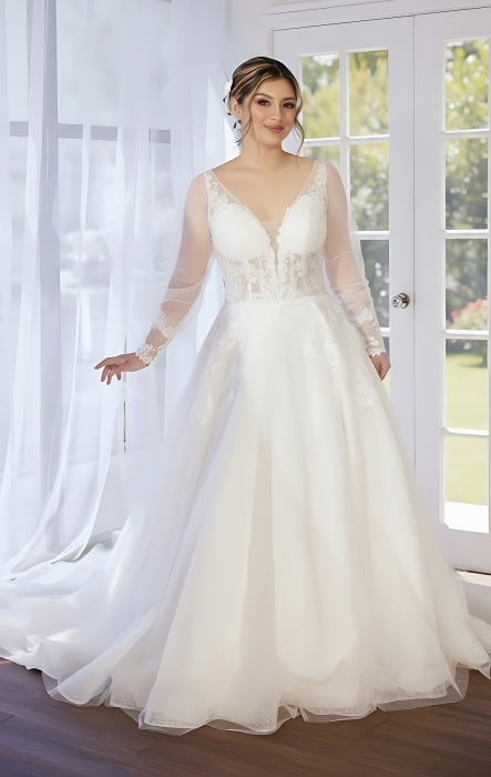 A-line Plunge V Sequined Floral Lace Tulle Wedding Dress with Detachable Bishop Long Sleeves - LV-A4001 