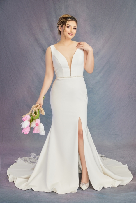 Fitted & Flare Plunge V Neck Tank Top Wedding Dress - Plus Size - CB-F3001P