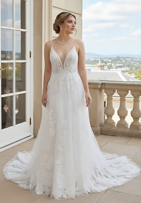 Fitted and Flare Plunge V-neck  Wedding Dress - OU-F1002