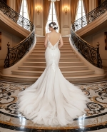 Mermaid Plunge V-neck Sequined Floral Lace Appliqued Tulle Wedding Dress - LV-M2001