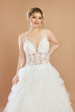 A-line Sequined Floral Lace Appliqued Tulle Ruffle Tiered Skirt With Off-shoulder Straps Wedding Dress - LV-A2002