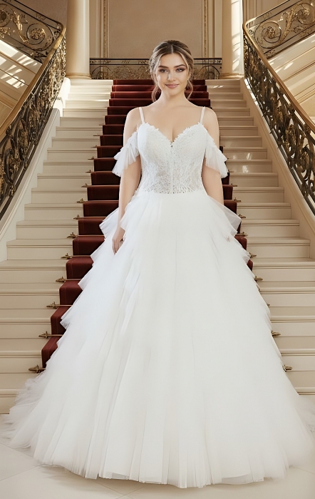 A-line Sequined Floral Lace Appliqued Tulle Ruffle Tiered Skirt With Off-shoulder Straps Wedding Dress - LV-A2002
