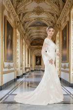 Mermaid Sequined Lace Appliqued Tulle Plunge V-Neck with Bishop Long Sleeves Wedding Dress - LV-F6002