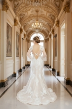 Mermaid Sequined Lace Appliqued Tulle Plunge V-Neck with Bishop Long Sleeves Wedding Dress - LV-F6002