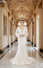 Mermaid Sequined Lace Appliqued Tulle Plunge V-Neck with Bishop Long Sleeves Wedding Dress - LV-F6002