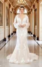 Mermaid Sequined Lace Appliqued Tulle Plunge V-Neck with Bishop Long Sleeves Wedding Dress - LV-F6002