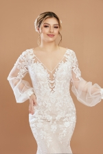 Puff Long Sleeves Mermaid Plunge V-Neck Wedding Dress - Plus Size - LV-F6002P