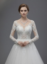 Wedding Dress - Long Sleeves Lace Appliqued Tulle Ball Gown with Sheer Cover Chest and Backline - BLC-B6004