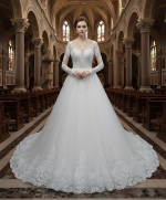 Wedding Dress - Long Sleeves Lace Appliqued Tulle Ball Gown with Sheer Cover Chest and Backline - BLC-B6004