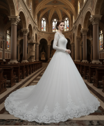 Wedding Dress - Long Sleeves Lace Appliqued Tulle Ball Gown with Sheer Cover Chest and Backline - BLC-B6004