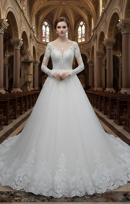 Wedding Dress - Long Sleeves Lace Appliqued Tulle Ball Gown with Sheer Cover Chest and Backline - BLC-B6004
