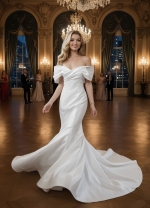 Wedding Dress - Satin Fitted and Flare with Pleated CrossOver Bust Off-Shoulder Sleeves - BLC-F5004
