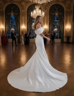 Wedding Dress - Satin Fitted and Flare with Pleated CrossOver Bust Off-Shoulder Sleeves - BLC-F5004