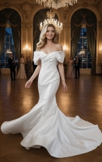 Wedding Dress - Satin Fitted and Flare with Pleated CrossOver Bust Off-Shoulder Sleeves - BLC-F5004