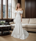 Wedding Dress - Satin Fitted and Flare with Pleated CrossOver Bust Off-Shoulder Sleeves - BLC-F5004