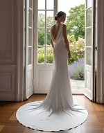 Wedding Dress - Satin Fitted and Flare with Twisted Cross Over Bust Neckline and Slit Skirt -  BLC-F3006