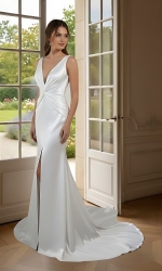 Wedding Dress - Satin Fitted and Flare with Twisted Cross Over Bust Neckline and Slit Skirt -  BLC-F3006