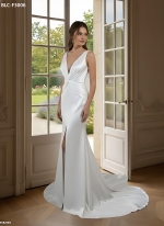 Wedding Dress - Satin Fitted and Flare with Twisted Cross Over Bust Neckline and Slit Skirt -  BLC-F3006