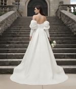 50% off Sample sale: A-Line Embossed Satin Slit Skirt Wedding Dress with Detachable Balloon Long Sleeves- OU-A1005