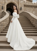 50% off Sample sale: A-Line Embossed Satin Slit Skirt Wedding Dress with Detachable Balloon Long Sleeves- OU-A1005