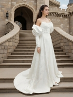 50% off Sample sale: A-Line Embossed Satin Slit Skirt Wedding Dress with Detachable Balloon Long Sleeves- OU-A1005