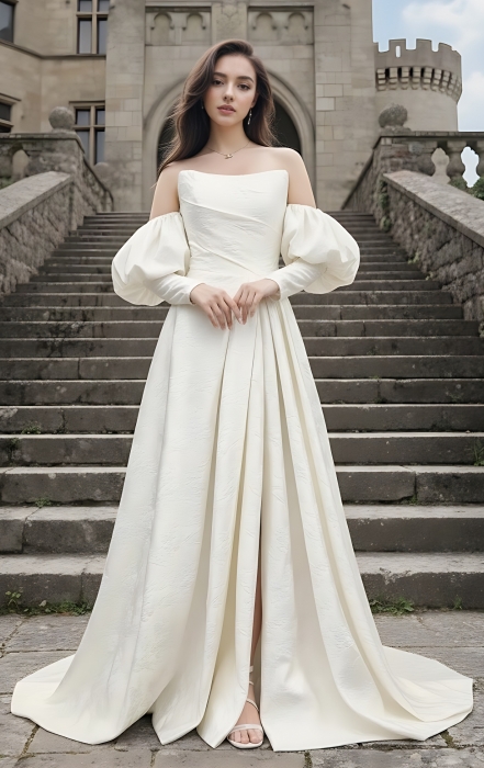 embossed satin wedding dress Embossed satin Wedding Cape With Half Puffy Sleeves DJ317  TANYA BRIDAL