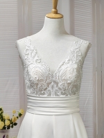 50% off Sample sale: A-line - Satin Wedding Dress with Pleated Waist Line and Sheer Lacy Tank Top Bodice - OU-A3003-50